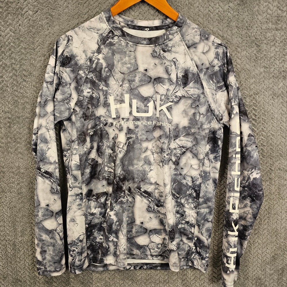 Huk Mens Mossy Oak Elements Fracture Fishing Shirt Grey White Long Sleeve Small